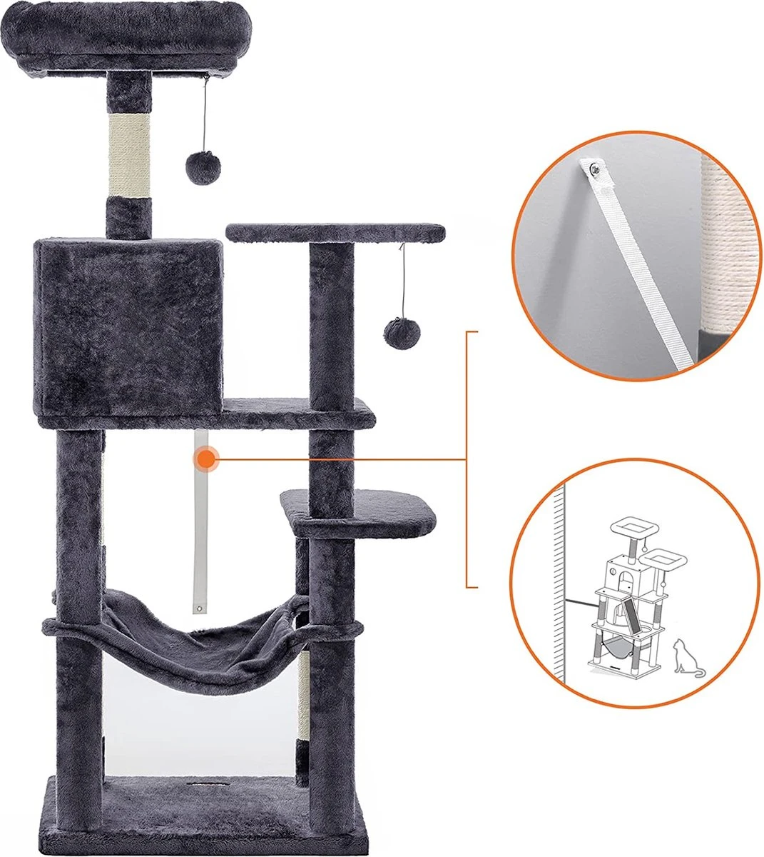 Krabpaal Met Hangmat Voor Meerdere Katten, Kattenboom, Rookgrijs - Image 6
