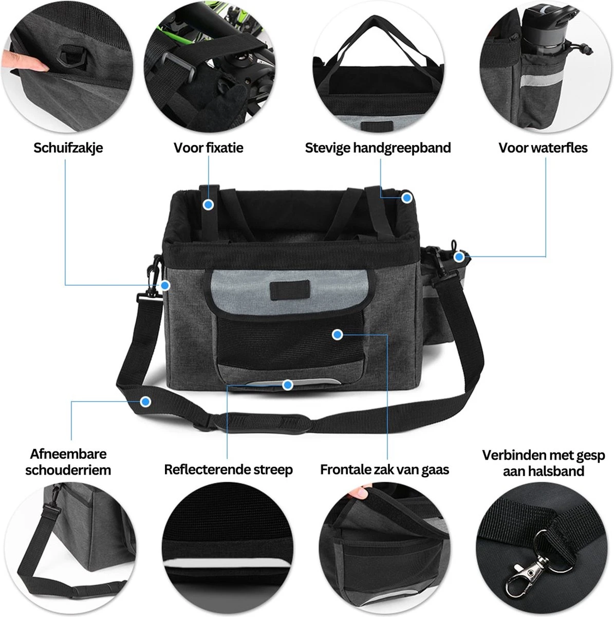 Fietsmand Hond Afneembaar Voor Volwassenen - Zwarte Fietsmand Honden Voorop - Mand Accessoires & Reflectiestrip - Hoge Kwaliteit - Image 3