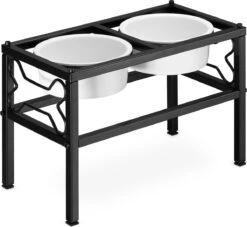 Navaris Verhoogde Voerbakset Met Standaard - 2 Keramische Voerbakken In Metalen Houder - 28 Cm Hoog - Voor Middelgrote En Grote Honden