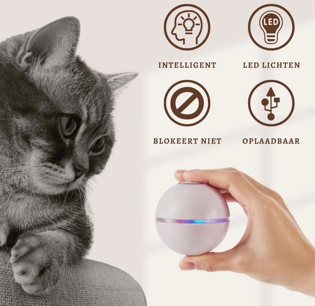 MyBuddy - Interactieve Zelf Rollende Bal - Kattenspeeltjes - Kattenspeelgoed - Bal Voor Katten - LED Lights - Speelgoed - USB - Roze - Image 2