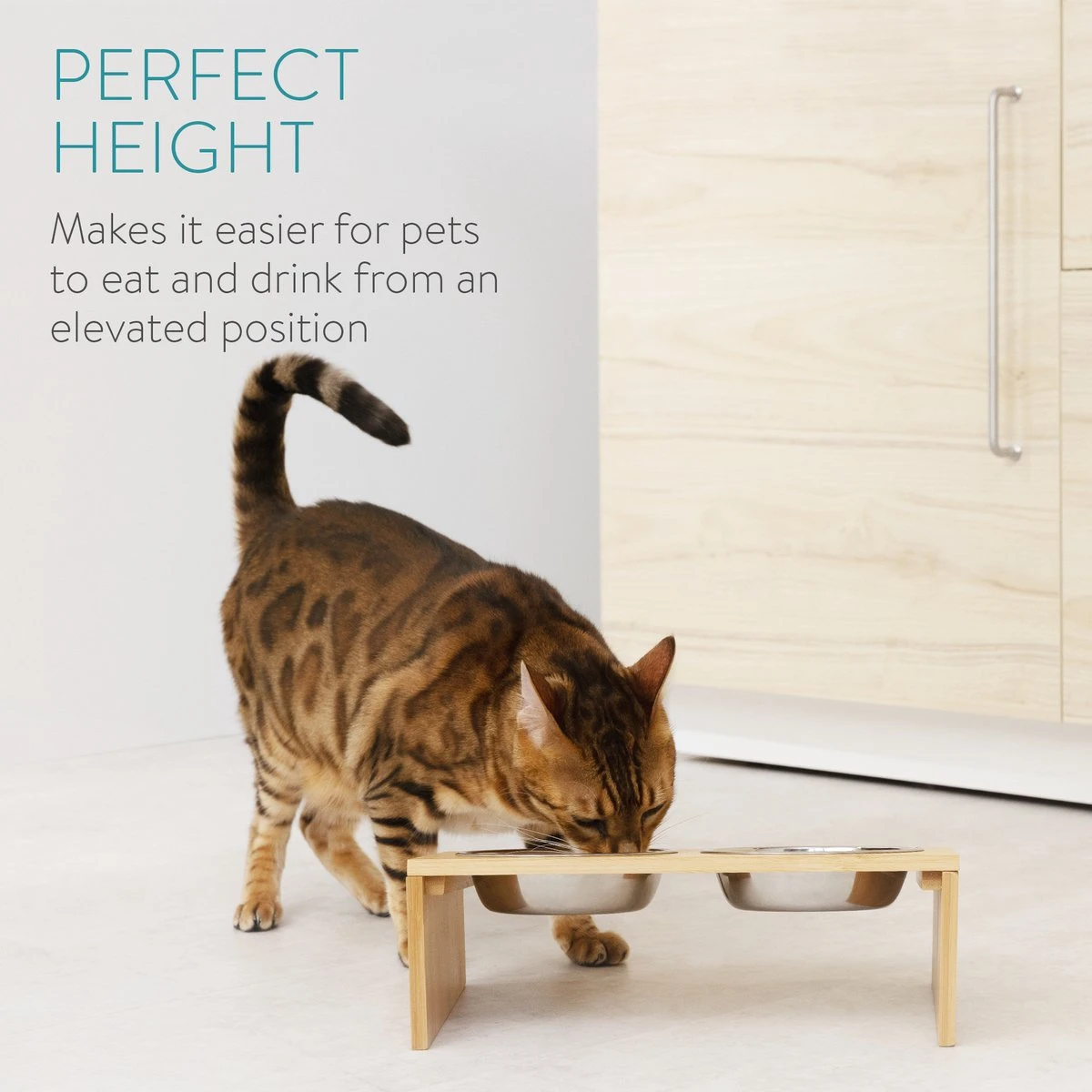 Navaris Verhoogd Dubbel Dieren Voedingsstation - 2 Kommen Voor Katten En Kleine Honden - Roestvrij Staal - Verhoogde Bamboe Standaard - Image 2