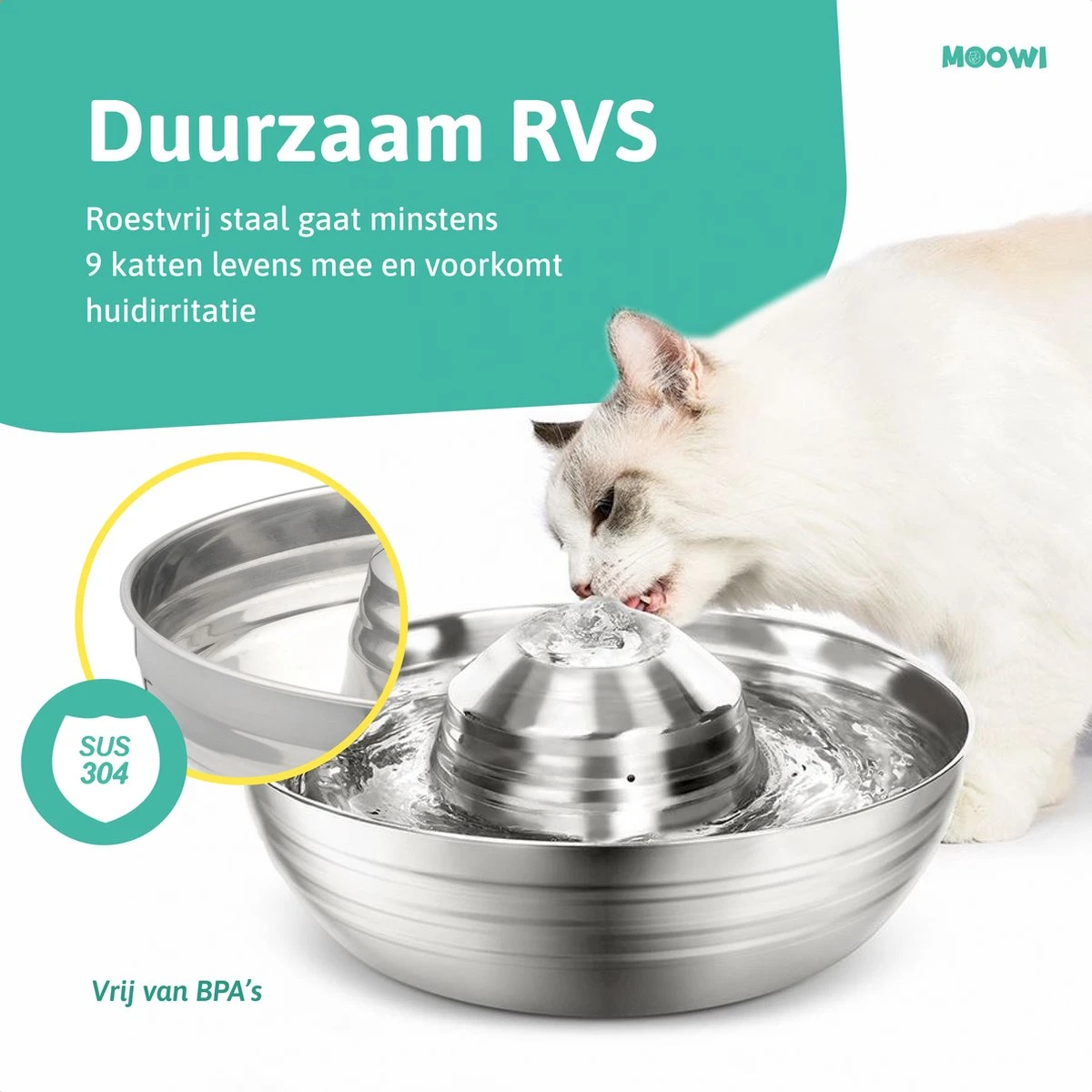 Moowi – RVS Drinkfontein Voor Kat En Hond - Fluisterstil - Incl. 3 Filters - Vaatwasserbestendig - Drinkbak Hond - USB Stekker - Image 2