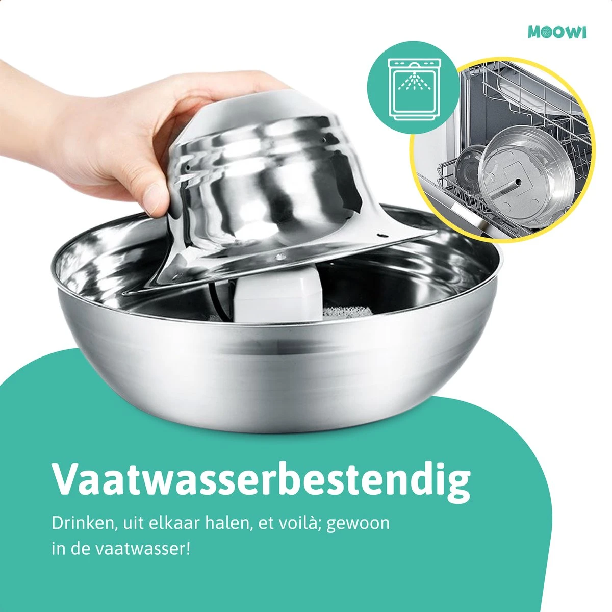 Moowi – RVS Drinkfontein Voor Kat En Hond - Fluisterstil - Incl. 3 Filters - Vaatwasserbestendig - Drinkbak Hond - USB Stekker - Image 4