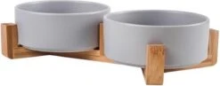 AdomniaGoods - Keramische Voerbak - Katten Voerbak - Honden Voerbak - Drinkbak - Dubbel Voerbak - Grijs Met Bamboe Houder