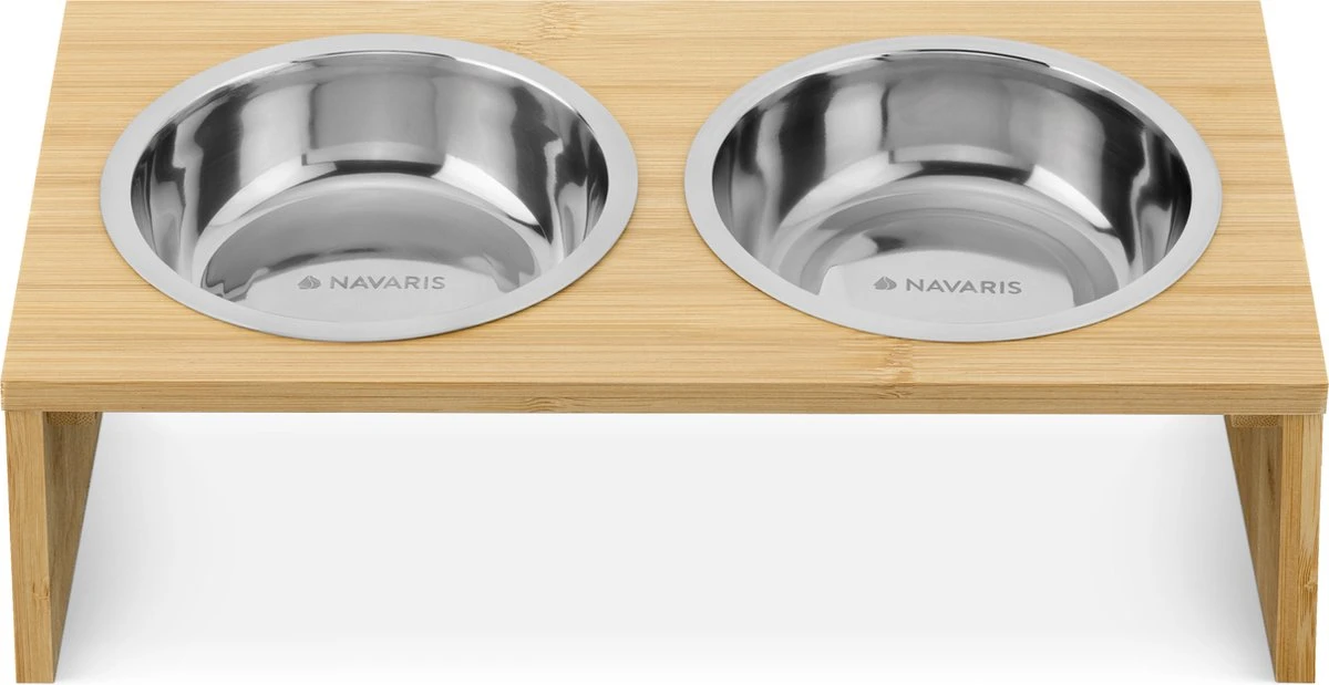 Navaris Verhoogd Dubbel Dieren Voedingsstation - 2 Kommen Voor Katten En Kleine Honden - Roestvrij Staal - Verhoogde Bamboe Standaard - Image 3