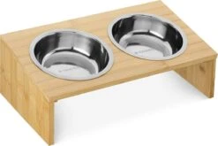 Navaris Verhoogd Dubbel Dieren Voedingsstation - 2 Kommen Voor Katten En Kleine Honden - Roestvrij Staal - Verhoogde Bamboe Standaard