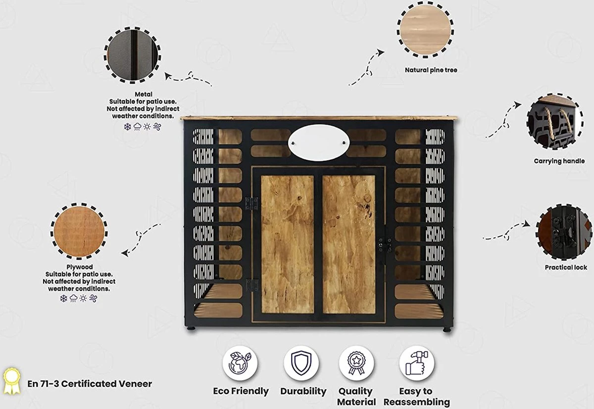Merkloos Hondenhok - Hondenbench - Metalen En Houten Hondenhok - Kennel - Bruin - 62x50x47 CM - Image 5