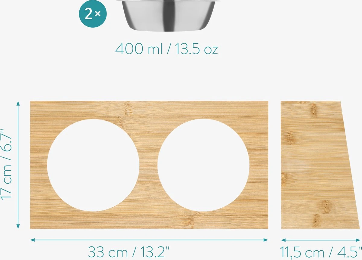 Navaris Verhoogd Dubbel Dieren Voedingsstation - 2 Kommen Voor Katten En Kleine Honden - Roestvrij Staal - Verhoogde Bamboe Standaard - Image 6