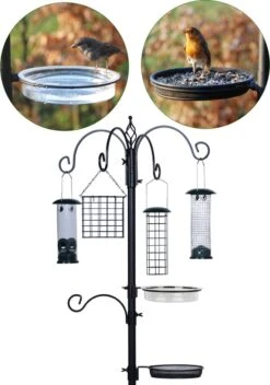 Voederstation Voor Vogels - 185cm Hoog - 4 Feeders + 1 Waterbakje + 1 Voedertray - Inclusief Grondpin